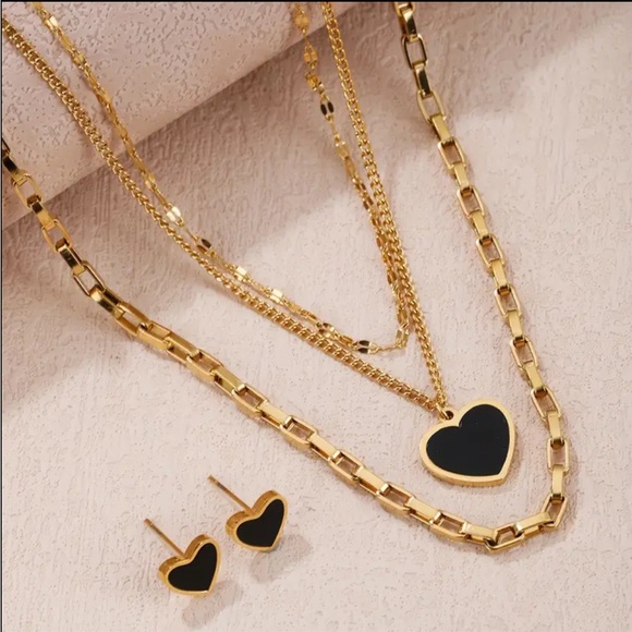 Gold and Black Layered Heart Necklace and Earrings - Picture 1 of 4